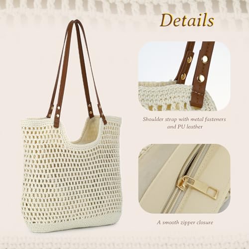 GOKTOW Crochet Beach Bag Women Woven Tote Handbag Casual Boho Bags Large Shoulder Purse For Summer Vacation Travel - color: Beige