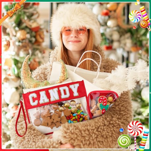 Hillban 2 Pcs Christmas Gifts Chenille Letter Bags Xmas Makeup Cosmetic Bag Clear Toiletry Zipper pouch Candy Canes purse Waterproof Travel Purse Preppy Things for Women Holiday Present - style: Candy Theme