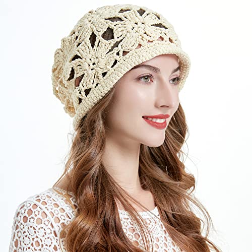 ZLYC Women Cotton Crochet Slouchy Beanie Hat Handmade Knit Summer Skull Cap - color: Crochet Beige