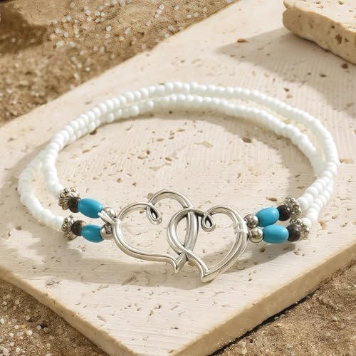 Qceasiy Shell Ankle Bracelet Set for Women, Gold Plated Boho Bead Adjustable Anklet, Hawaiian Beach Seashell Pearl Heart Starfish Conch Foot Jewelry Gifts - color: Double Heart