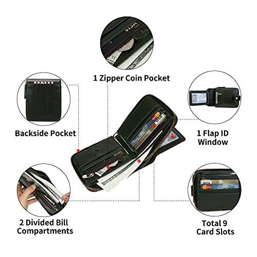 MING CLAN Leather RFID Blocking Bifold Wallet For Men With Zipper, Flap ID Window Zip Coin Pocket, Big Capacity Credit Card Holder For Travel - color: Green