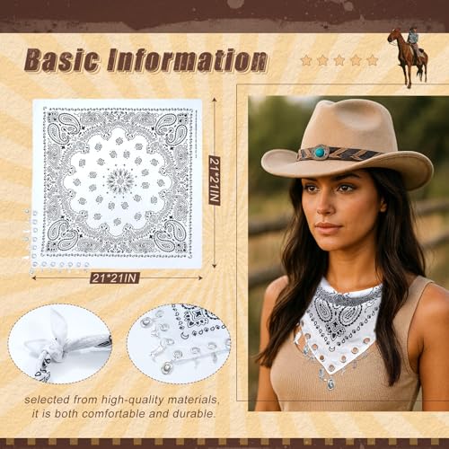 AWAYTR 100% Cotton Bandana for Cowgirl Western Cowboy Costume, 21 Inch Paisley Scarf with Grommet Western Ornaments - color: White