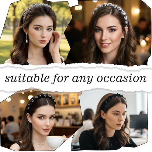 4 Pcs Braided Headbands with Teeth for Women, Handmade Crystal Flower Comb Hairbands, Sparkly Twisted Non-Slip Hard Head Bands, Elegant Silver Black Hair Accessories - color: Silver Black