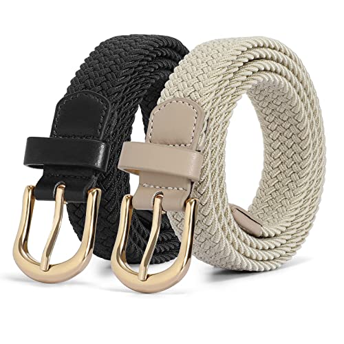 JASGOOD 2 Pack Braided Belts for Women, 1'' Narrow Width Elastic Woven Stretch Fabric Cloth Belts with Gold Buckle - color: A-black+khaki, size: Fit Size 37"-41"