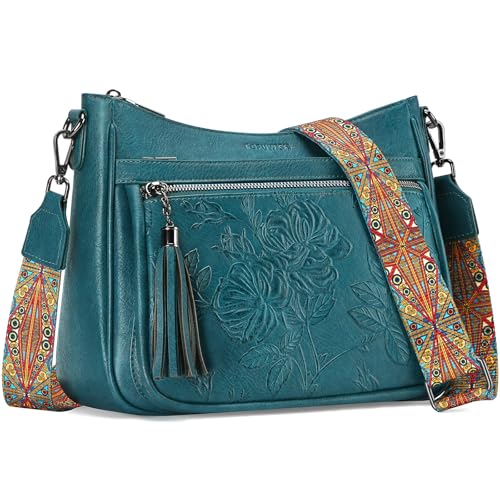 Crossbody Bags for Women, Vegan Leather Medium Crossbody Purse, Spacious Daily Travel Shoulder Bag with Boho Strap - color: Peacock Blue