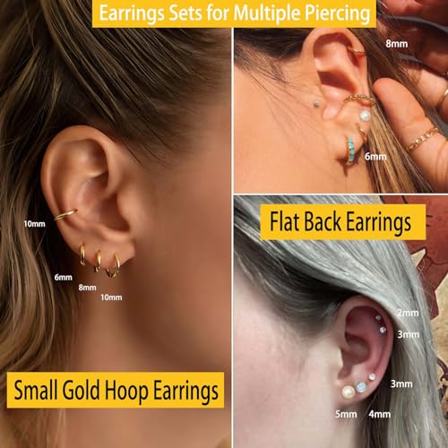 Dainty 6 Pairs Surgical Steel Earrings Sets for Multiple Piercing, Lightweight 14K Gold Plated Small Huggie Hoop Earrings, Flat Back Tiny Ball CZ Stud Earrings for Cartilage, Helix, Lobe, Hypoallergenic - style: 14K Gold- Hoops and Pearl Opal CZ Studs