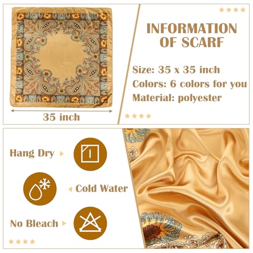JATEBI 27''/35'' Women Large Satin Scarf Silk Feel Square Wraps Big Hair Bandanas Vintage Print Solid Color Bandana Scarves - color: Coffee Brown, Army Green, Camel, Black, White, Pink Mixed Classic, size: 35'' Large