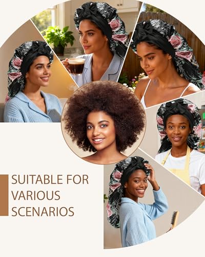 AWAYTR Long Satin Bonnet for Braids - Elastic Silk Hair Bonnets for Sleeping Night Cap Stretchy Tie Band for Women（Flower B） - color: Flower B