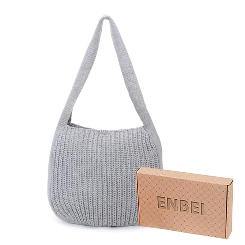 ENBEI Women's Crochet Tote Bag Knit Shoulder bag,Aesthetic Bag,Cute Eco-Friendly Tote for Travel,Daily Use,Gift Box Packaging - color: Grey