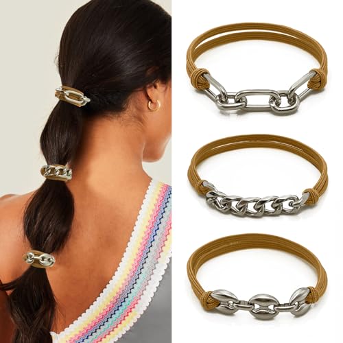 Ponytail Holders Hair Ties, Girls Soft Elastic Hair Tie Bracelet for Women with Silver Jewelry Cute Stretchy Pony Tails Hair Ties for Girls Gifts (Caramel with Silver) - color: Caramel-05
