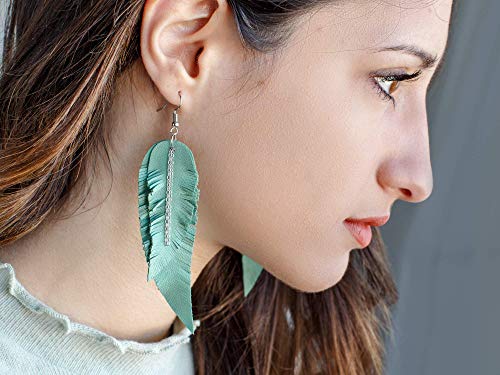 Black shiny Leather Feather Earrings for Women, Lightweight Minimal Boho Dangle Earrings, Small Simple Everyday Jewelry - color: light green