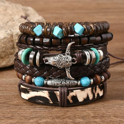 Turquoise Leather Western Bracelets for Women Men Bohemian Retro Turquoise Wrap Bracelets Exquisite Layered Stacked Cowboy Cowgirl Bracelet Western Country Concert Outfits Leather Cuff Bracelet for Women - style: Bull Head,Turquoise