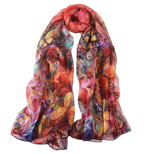 100% Mulberry Silk Women's Neck Silk Scarf-Lightweight Shawl,FLoral Print Beach Silk Wrap-Scarves for Photography - color: Red Phoenix