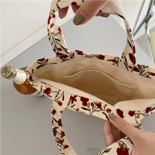 Kovewon 2PCS Corduroy Small Tote Bag for Women Cute Floral Mini Tote Bag Preppy Aesthetic Reusable Bags for Grocery, Essentials, Water Bottle, Keys - color: Red Rose