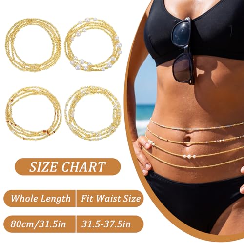 4 Pcs Waist Beads for Women - Gold Waist Beads for Weight Loss Summer African for Women Beach Bikini - Jewelry Belly Bead Chains Belly Necklace Stomach Jewelry Chain