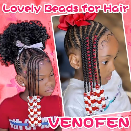 60PCS Red Heart Hair Beads White Clear Round Beads Kids Girls Valentine's Day Loc Jewelry Dreadlock Bead Cute Acrylic Pony Bead Hair Accessories - color: Red&White