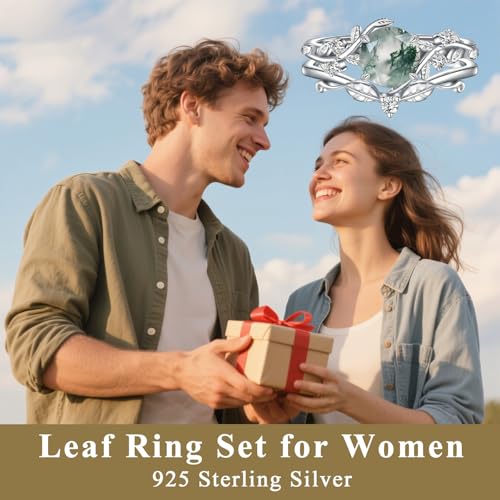 Natural Moss Agate Ring for Women 925 Sterling Silver Pear/Oval/Kite/Heart/Hexagon/Emerald/Coffin Cut Green Leaf Moss Agate Engagement Ring Promise Bridal Set Anniversary Birthday Jewelry Gifts - color: Round Cut Moss Agate