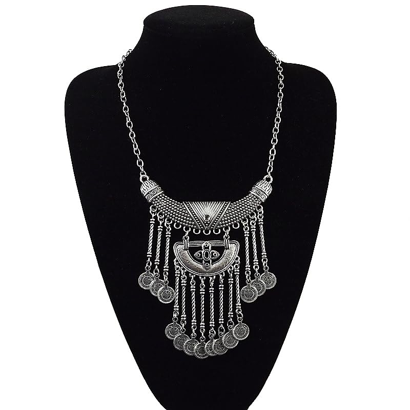 Bethynas Bohemian Ethnic Tribal Chunky Necklace Multilayer Long Tassel Turquoise Statement Neck Chain Retro Coin Gemstone Exaggerated Costume Accessories for Women - color: E-Black