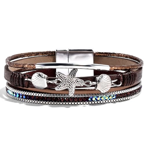 VIBILIA Boho Leather Wrap Bracelets for Women Multi-Layer Bracelets with Strong Clasp Jewelry for Women - color: 04-ShellStarfish-Coffee