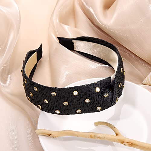 BVGA Rhinestone Rattan Headband Straw Headbands Fashion Rattan Wide Head Band Boho Headbands Summer Bohemian Woven Headwear Hair Head Knot Headband for Woman Girl Hair Accessories(black)