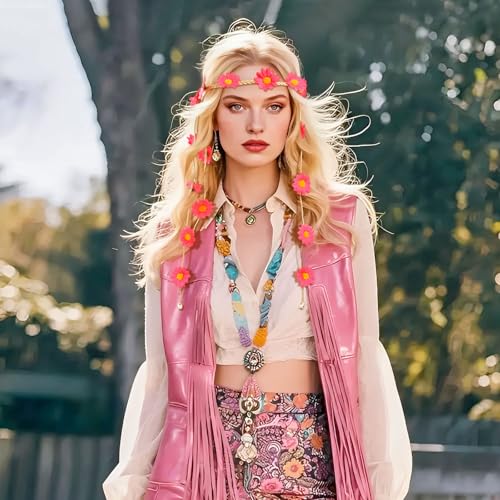 DOCILA Flower Headbands For Women Hippie Floral Hairband Boho Fairy Crown Wedding Parties Outfit Costume Hair Accessories - color: Pink