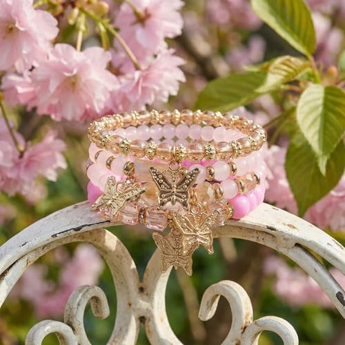Bohemian Bracelet Sets for Women - 4-Pack Stackable Stretch Bead Bracelets with Black＆White Crystal & Gold Accessories, Multi-Layer Boho Jewelry - color: pink butterfly