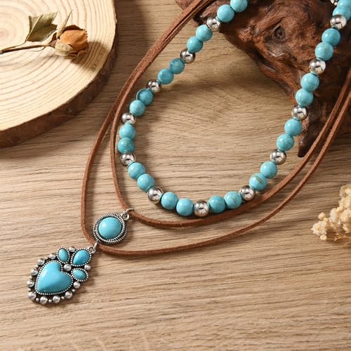 ONLYJUMP Boho Turquoise Leather Choker Necklace for Women Bohemian Handmade Leaf Layered Black Brown Suede Western Cowlady Necklace Western Country Party Jewelry Gifts - style: Heart