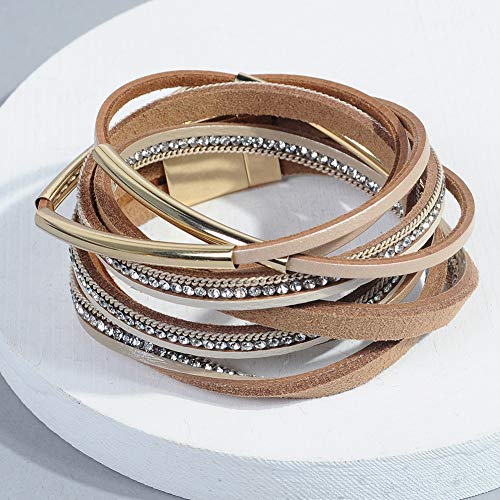 Artilady Leather Wrap Bracelets for Women - Pearl Bracelets Handmade Clasp Bangle Bracelet with Beads Jewelry Gift for Women and Mother - style: Light Brown with Gold bar