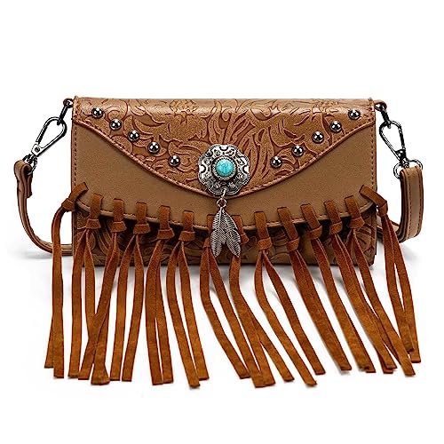LAVAWA Small Crossbody Bags for Women Crossbody Handbag Fringe Purse Tassel Shoulder Bag Turquoise Concho Wallet - color: Western Brown