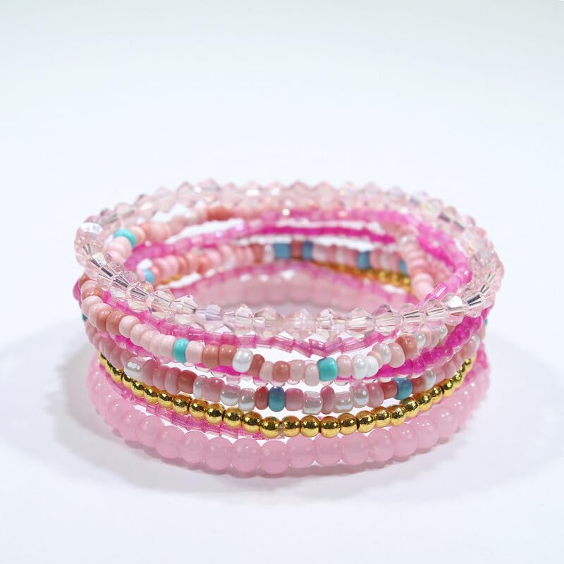 Pingyongchang Boho Colorful Beads Stackable Bracelets Set for Women Handmade Multicolor Seed Crystal Layered Stretch Bracelets Retro Country Holiday Beach Trendy Jewelry Gifts - color: Light Pink