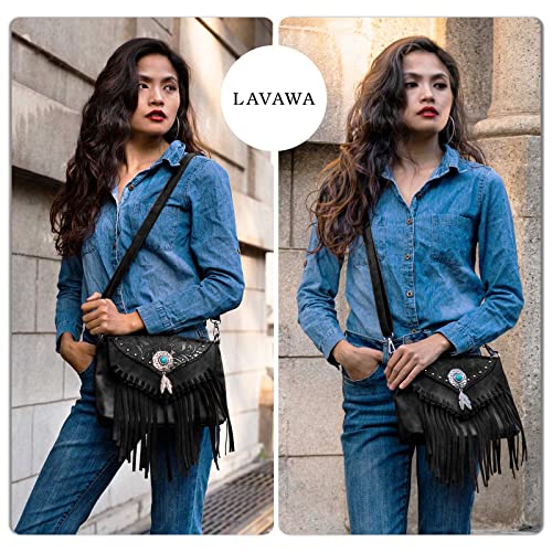 LAVAWA Small Crossbody Bags for Women Crossbody Handbag Fringe Purse Tassel Shoulder Bag Turquoise Concho Wallet - color: Black