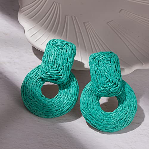 Statement Raffia Earrings Cute Boho Earrings Rattan Dangle Earrings Handmade Straw Wrap Earrings Summer Drop Dangling Earrings for Women Teen Girls - color: Turquoise Blue