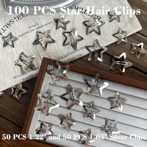 100 PCS Stars Hair Clips,50PCS 1.22"Clip and 50 PCS 1.65"Clips Snap Star Hair Accessories Non Slip Star Clips for Girls Women Y2K Accessories Silver Metal Hair Clips - color: 1.22" 1.65"Silver (100PCS)