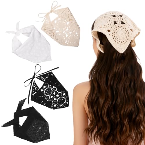 JATEBI 4PCS Women's Floral Lace Mesh Triangle Head Scarves Adjustable Boho Bandanas - color: Black, White and Beige