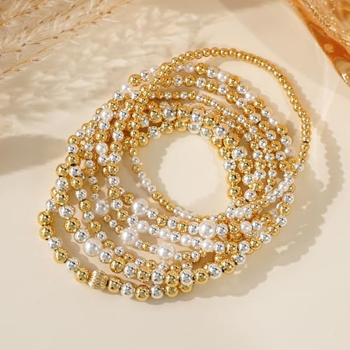 Gold Bracelets for Women Stackable 14K Gold Silver Plated Beaded Bracelets Stack Elastic Stretch Non Tarnish Bead Ball Stack Stretch Adjustable Dainty Jewelry Trendy Prom Gifts for Women - color: 7pcs-Pearl