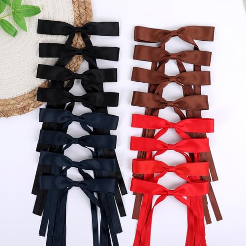 WORTL Hair Bows Clips Coquette Ribbon Bowknot with Long Tail Princess Hair Bows French Barrettes Hair Accessories for Women Girls 16PCS (Red, Brown, Dark Blue, Black) - color: Red, Brown, Dark Blue, Black