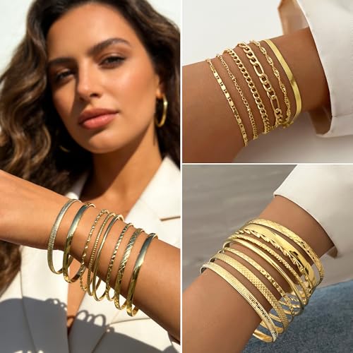 FAXHION 68 Pcs Gold Jewelry Set for Women with 7 Necklace, 17 Bracelet, 5 Hoop Earrings, 15 Stud Earrings, 24 Knuckle Rings for Women Jewelry Set for Women Gift - color: chunky jewelry pack