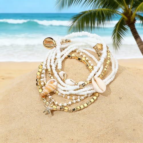 Waeceip Beach Ankle Bracelets For Women Summer Boho Anklets For Women Seashell Beaded Anklets Summer Jewelry Beach Vacation Accessories - color: beach bead with 8