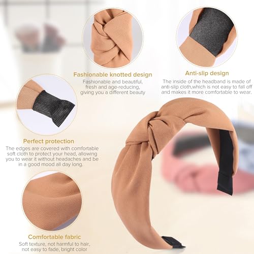 DiyJibb Headbands for Women Girls - 6PCS Stylish Top Knotted Headbands - Knotted Headband for Women - Head Bands Wide Hairband Hair Accessories - color: black，brown，khaki，white，blue，deep pink