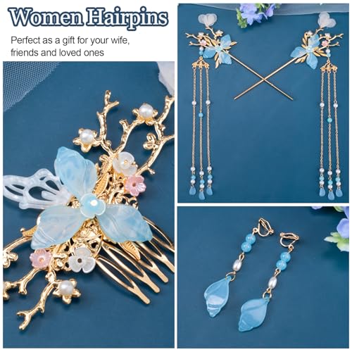 HINZIC 5pcs Flower Tassels Hairpin for Women, Non-Slip Crystal Pearl Greenstick Hair Clips, Retro Chinese Hanfu Wedding Brides Hair Accessories for Long Hair - color: Blue Branch