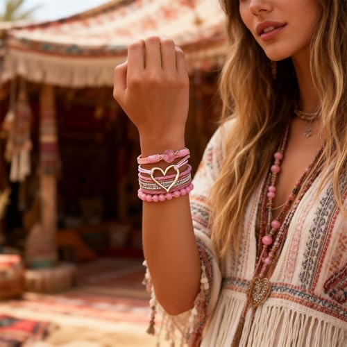 Long tiantian Leather Bracelets for Women Warp Bracelet Stackable Boho Layered Bracelet Chunky Heart Trendy Birthday Gifts for Her - color: B30:2 Bracelet Sets for Teen Girls(Pink)