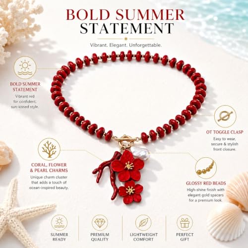 Red Beaded Necklace for Women Choker Gold Toggle Clasp Layered Stack Dainty Statement Western Boho Trendy Summer Vacation Necklaces Birthday Jewelry Gifts - color: C2:Red Beaded Necklace