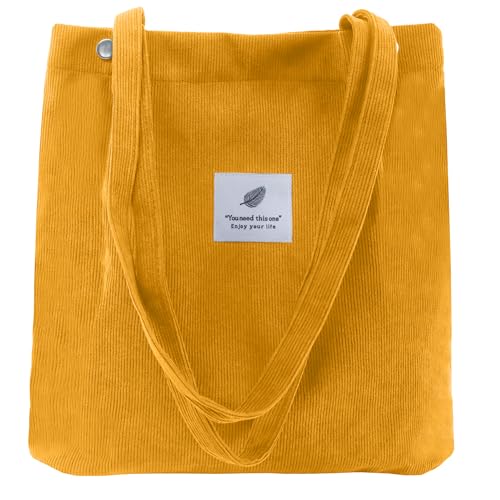 Corduroy Tote Bag for Women Small Canvas Shoulder Purse Cord Handy Bag with Inner Pocket | with Front Pocket - color: 02 Yellow