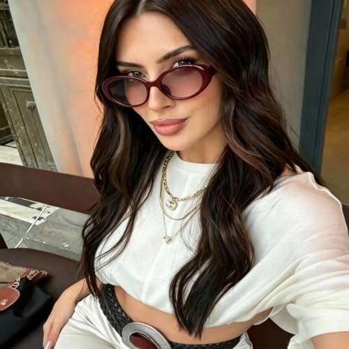 90s Sunglasses for Women Men Retro Small Oval Sunglasses - color: Burgundy/Pink Gradient Lens