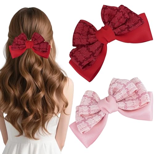 2Pcs Red & Pink Grid Velvet Big Bow Hair Clips for Women Girls, Cute Aesthetic No-Long-Tail Hair Barrettes for Daily Wear
