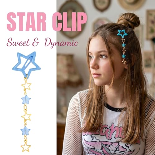 Pndeyo 2pcs Star Tassels Hair Clips for Women, Non-Slip 2000s Y2K Hair Snap Barrettes, Cute Star Beaded Pendant Hair Pin Accessories for Braid Long Short Thin Thick Hair- Blue - color: Blue-2pcs-B Style