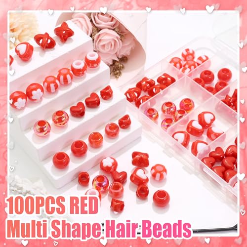 NAISKA 100PCS Red Valentines Hair Beads 10 Styles Loc Jewelry Heart Dreadlock Beads Cute Pony Bead Valentine's Day Braids Accessories for Kids Girls - color: Red