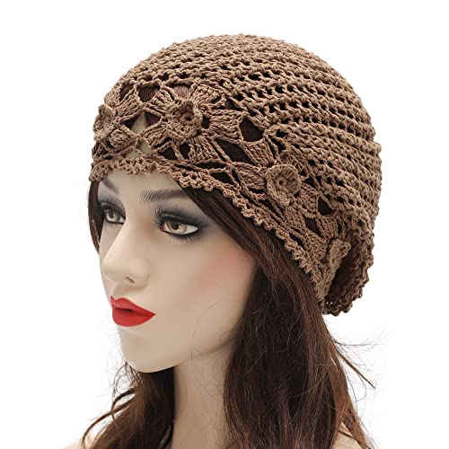 ZLYC Women Cotton Crochet Slouchy Beanie Hat Handmade Knit Summer Skull Cap - color: Flowers Light Brown