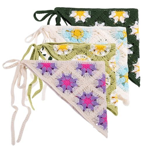 4 Pack Crochet Bandanas Boho Bandana Headband Cute Flowers Knitted Head Scarf (Daisy) - color: Daisy