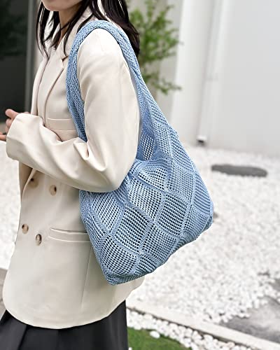Crochet Mesh Beach Tote Shoulder Handbags Hobo Summer Aesthetic Women's Bag - color: Blue